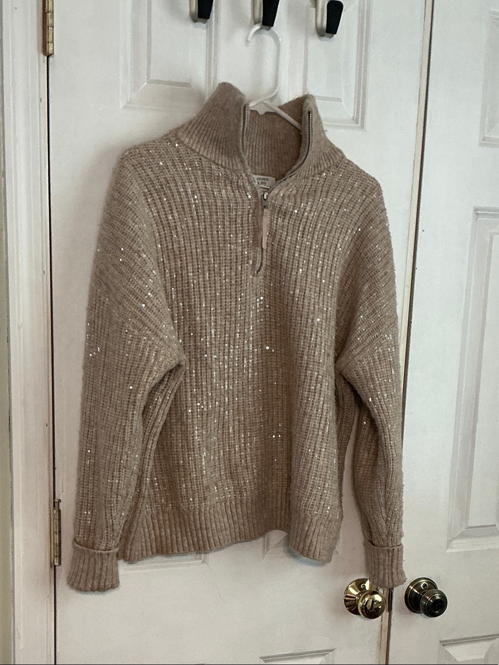 crown & ivy Taupe Sequin Ribbed Half-Zip Sweater